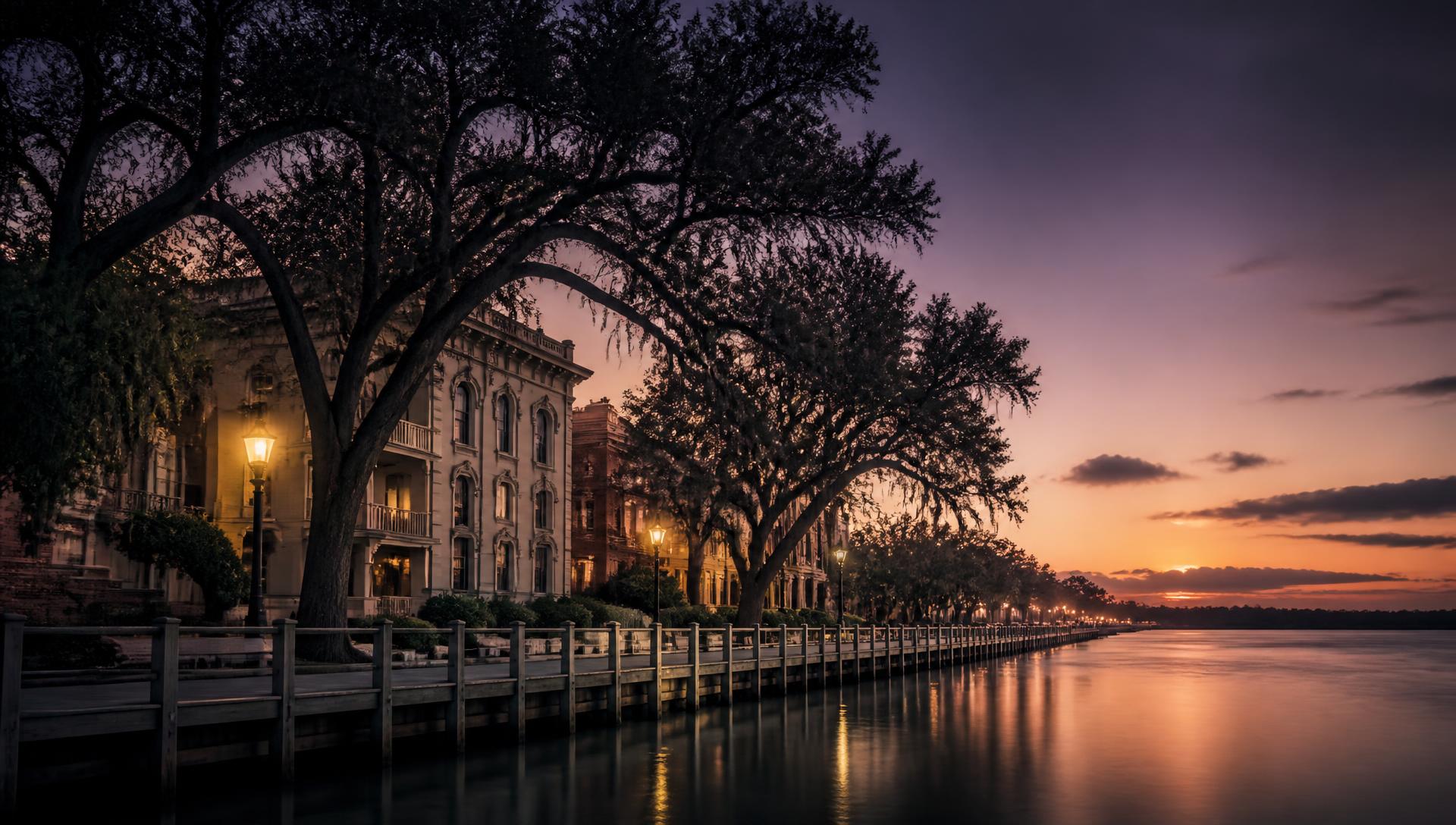 The Cape Fear River and Wilmington Riverwalk at twilight in downtown Wilmington, North Carolina