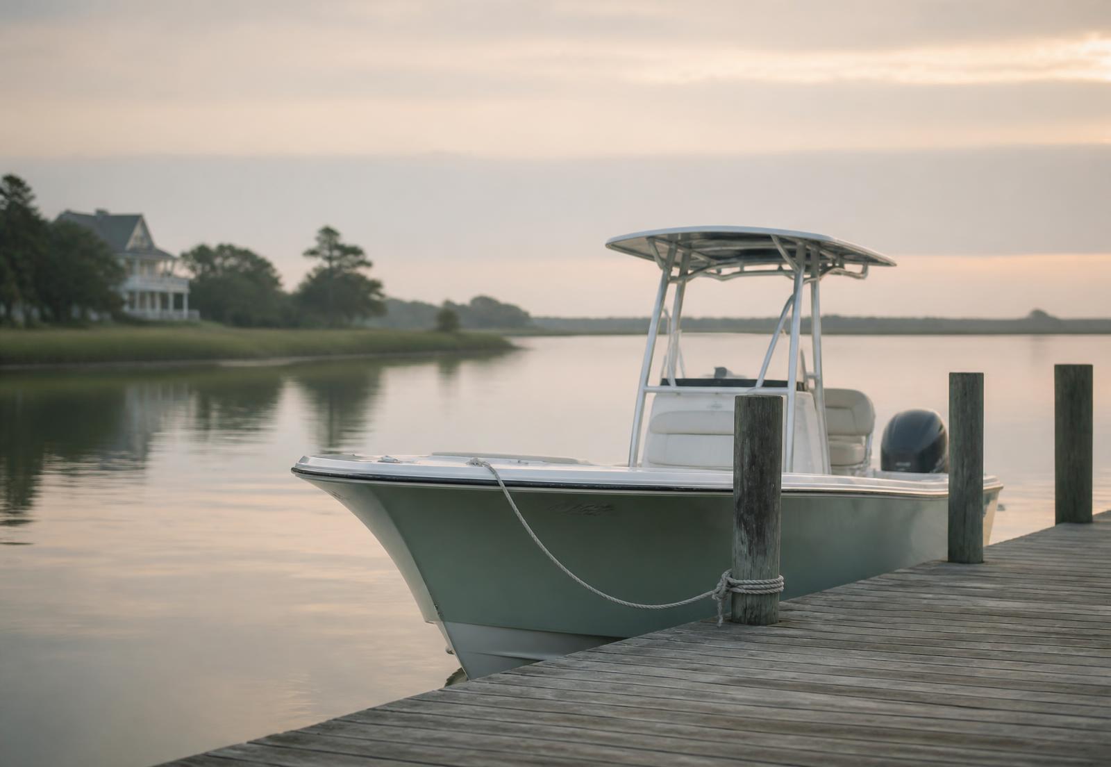 A boat moored at a quiet dock on the North Carolina coast near Wilmington at dawn