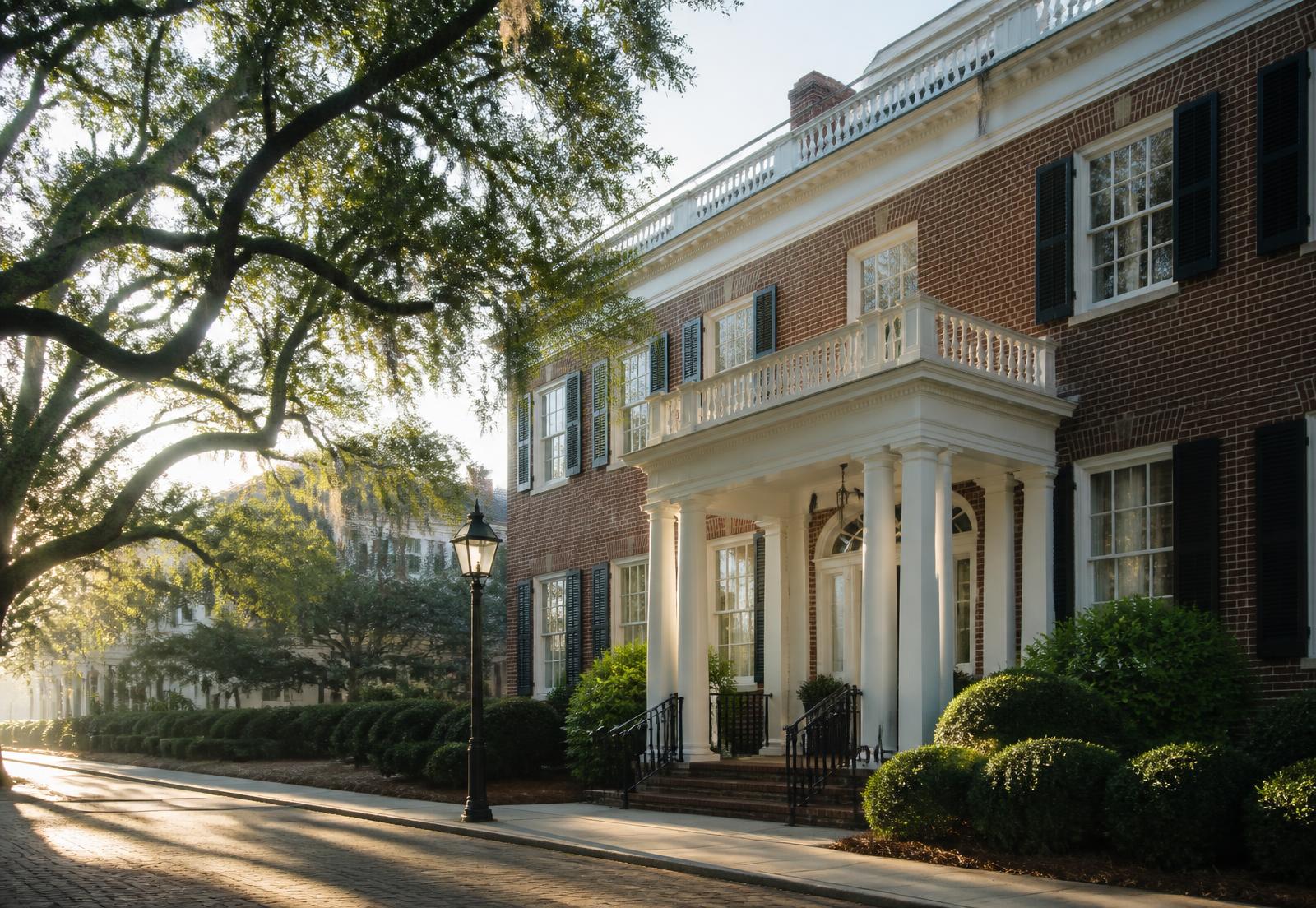 Refined brick and white-column professional architecture on a live-oak lined street in Wilmington, North Carolina